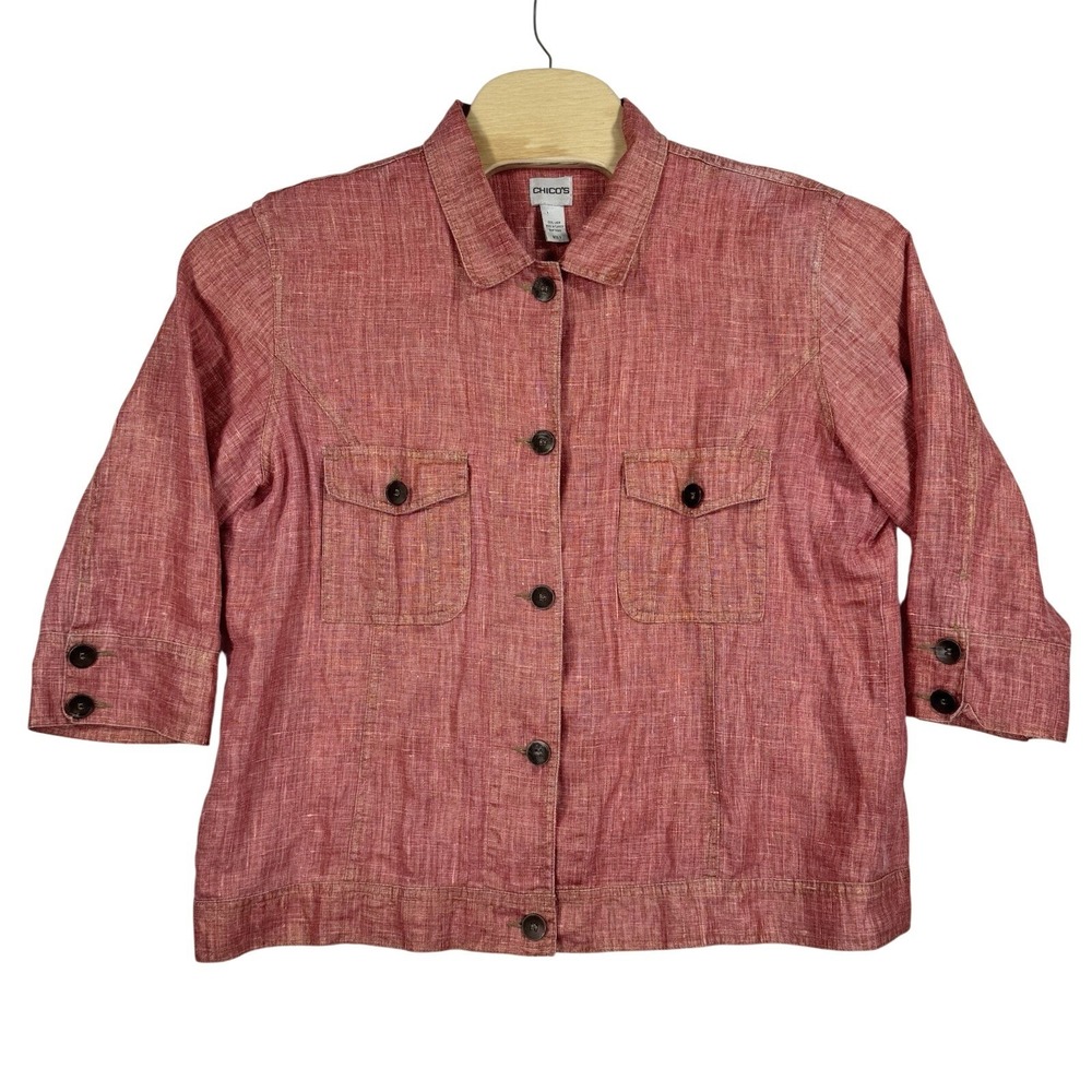 Chicos Linen Jacket Womens 3 Red 3/4 Sleeve Button Up Shacket Earthy Coastal